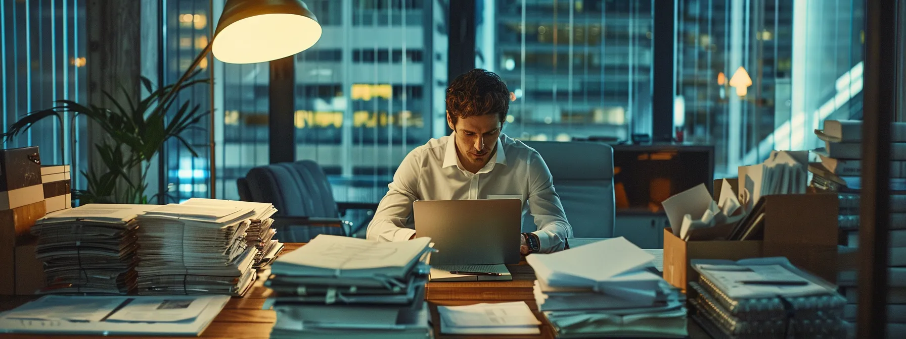 a focused office scene captures a professional reviewing detailed contractor bids and contract terms on a sleek, modern desk, surrounded by stacks of documents and a laptop, illuminated by bright overhead lighting that emphasizes the seriousness of the decision-making process.