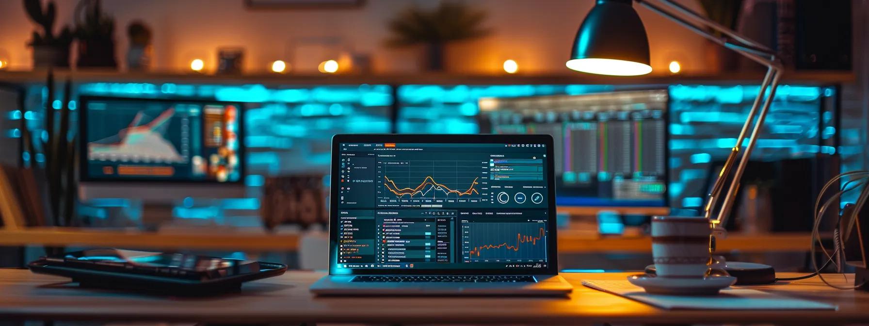 a focused office scene captures a sleek laptop displaying a custom wordpress dashboard, surrounded by glowing screens featuring security protocols and performance analytics, emphasizing a high-tech ambiance of digital protection and optimization.