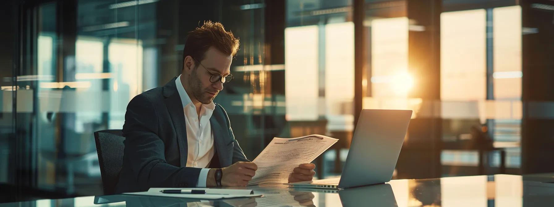 a focused office scene captures a professional sitting at a sleek desk, diligently organizing paperwork and reviewing documents with a laptop open, symbolizing the meticulous process of handling post-sale tasks for a smooth transition. a focused office scene captures a professional sitting at a sleek desk, diligently organizing paperwork and reviewing documents with a laptop open, symbolizing the meticulous process of handling post-sale tasks for a smooth transition.
