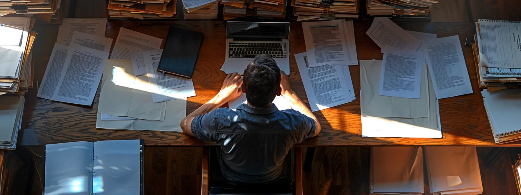 a focused office scene featuring a professional contractor reviewing documents and a laptop displaying insurance policies, surrounded by binders labeled with licensing regulations, conveying a sense of diligence and compliance in evaluating roofing contractor requirements. a focused office scene featuring a professional contractor reviewing documents and a laptop displaying insurance policies, surrounded by binders labeled with licensing regulations, conveying a sense of diligence and compliance in evaluating roofing contractor requirements.
