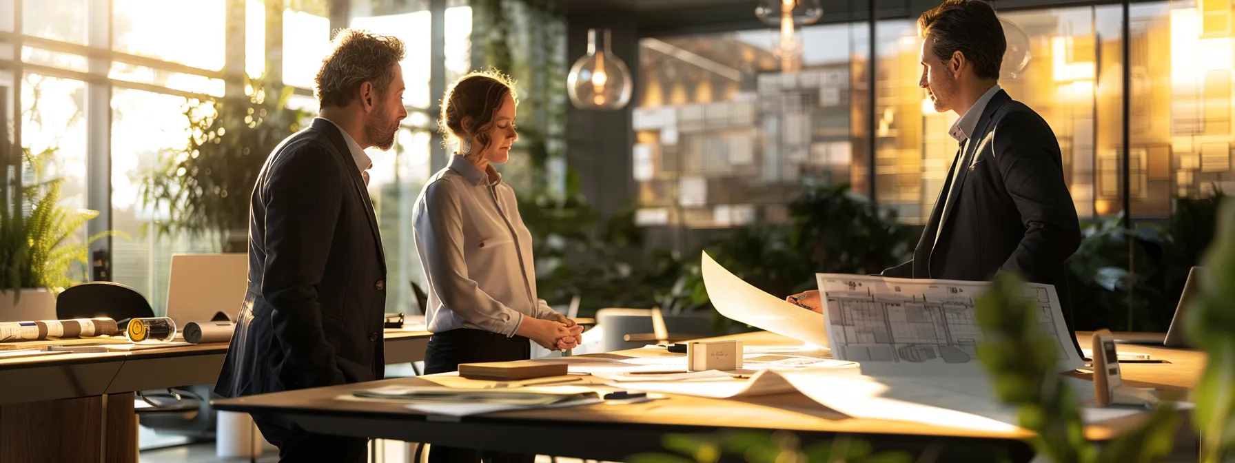 a focused office scene showcases a professional conversation between a contractor and a property owner, highlighting detailed asphalt overlay plans and material samples spread across a modern conference table, illuminated by warm, overhead lighting.
