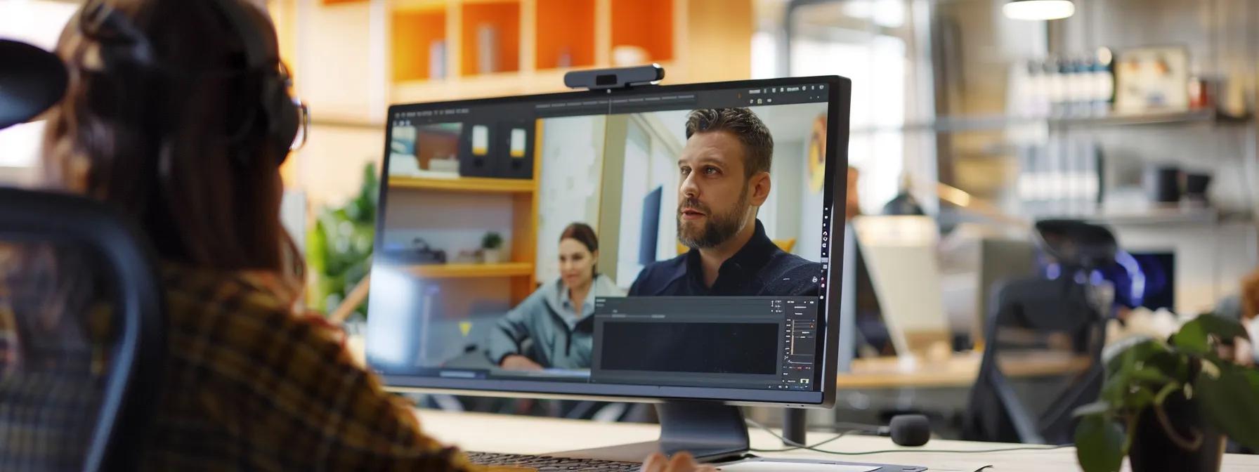 a focused office setting captures a professional engaging in a dynamic video call with a customer support representative, showcasing a sleek computer screen displaying a vibrant customer service interface, with a backdrop of organized paperwork and office decor that emphasizes efficient communication and service quality.