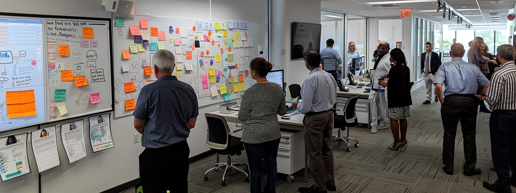 a focused office setting showcases a diverse team engaged in a dynamic brainstorming session, surrounded by whiteboards filled with detailed buyer personas and customer insights, emphasizing the importance of understanding target audiences for impactful sales copy.