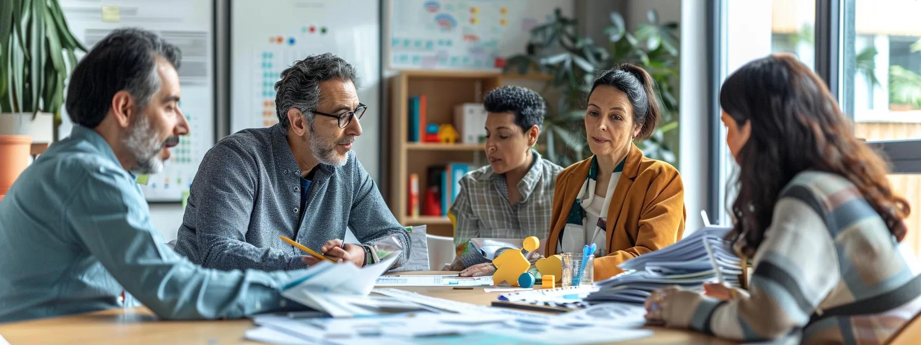 a focused office setting showcases a group of parents engaged in thoughtful discussion around a table, surrounded by brochures and charts about daycare options, symbolizing their decision-making journey in selecting the best care for their child. a focused office setting showcases a group of parents engaged in thoughtful discussion around a table, surrounded by brochures and charts about daycare options, symbolizing their decision-making journey in selecting the best care for their child.