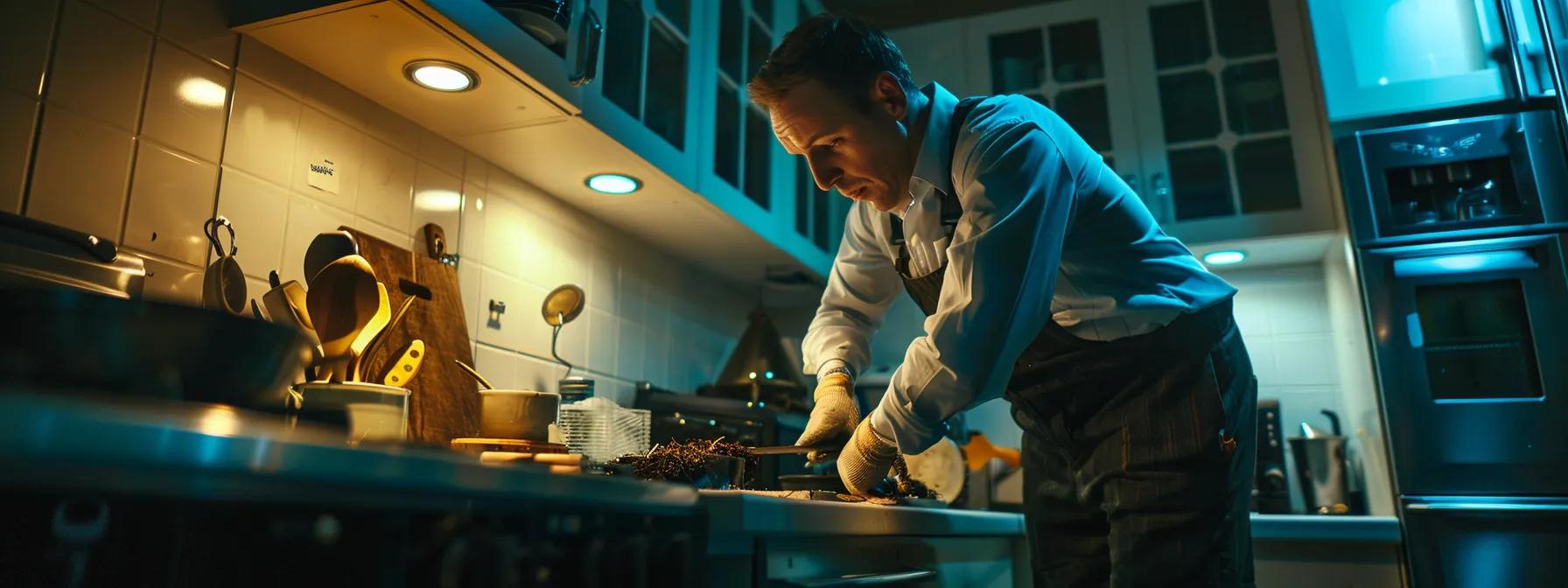 a focused pest control inspector examines potential entry points around a meticulously detailed kitchen, highlighting gaps and signs of infestation with specialized tools under bright, artificial overhead lighting. a focused pest control inspector examines potential entry points around a meticulously detailed kitchen, highlighting gaps and signs of infestation with specialized tools under bright, artificial overhead lighting.