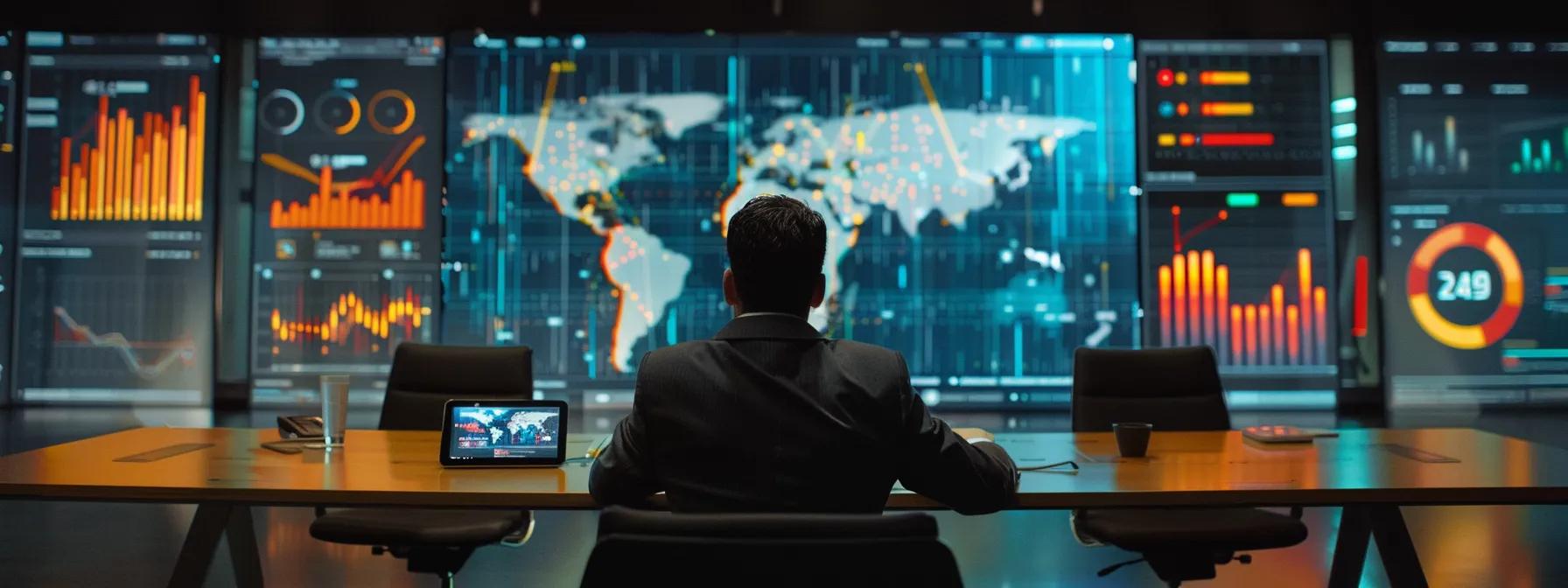 a focused professional at a sleek conference table reviews digital analytics on a tablet, with vibrant graphs and charts displayed on a large screen behind them, illustrating the effectiveness of their nyc tv pr campaign.