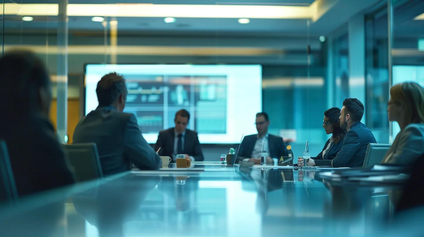 a focused, professional meeting in a modern conference room, featuring a diverse group of clients and consultants gathered around a sleek table, intently discussing a large project scope document displayed on a digital screen, illuminated by soft overhead lighting.