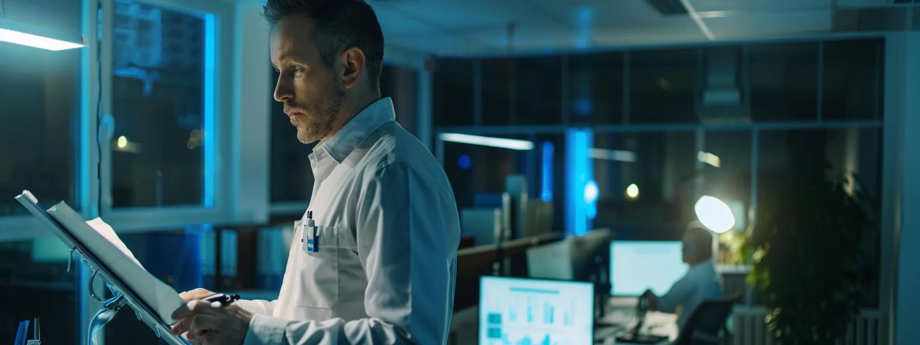 a focused professional pest control technician inspects a well-lit urban office space, equipped with specialized tools, while discussing tailored treatment plans with a concerned property owner.