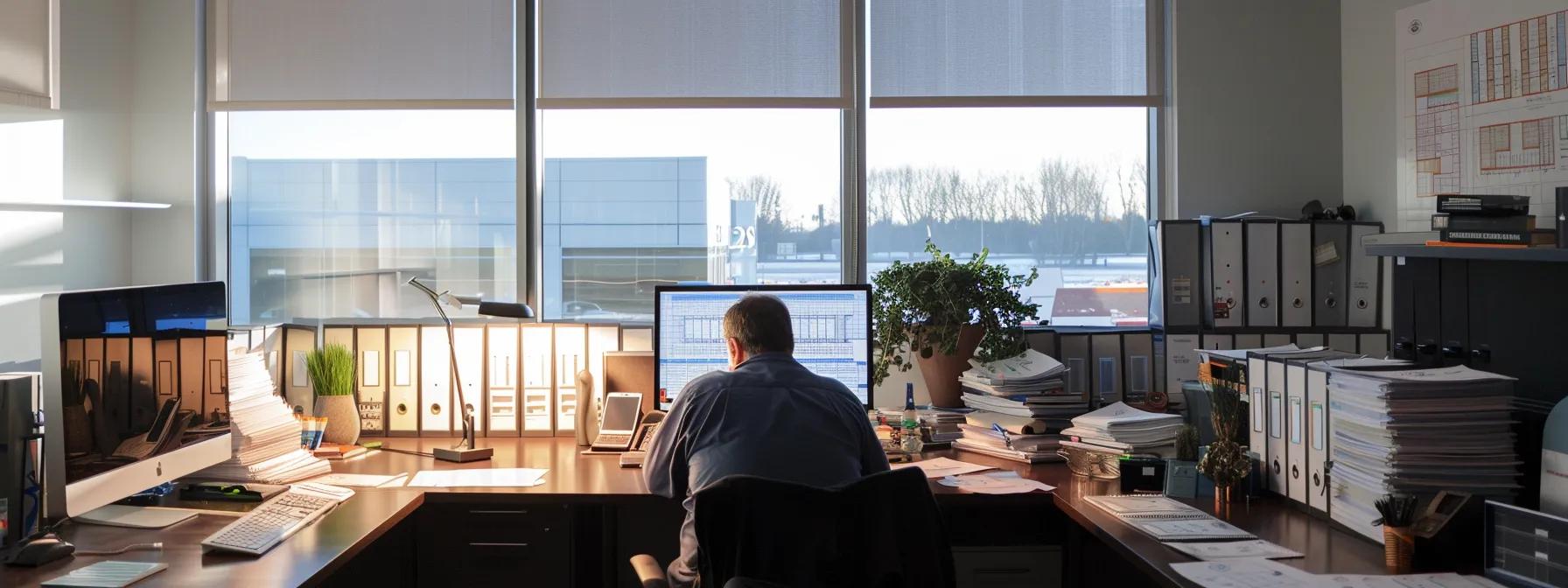 a focused professional seated at a sleek modern desk in an urban office, intently reviewing a detailed architectural drawing of a solar panel installation while surrounded by organized stacks of documentation and a glowing computer screen displaying the local permitting authority's website. a focused professional seated at a sleek modern desk in an urban office, intently reviewing a detailed architectural drawing of a solar panel installation while surrounded by organized stacks of documentation and a glowing computer screen displaying the local permitting authority's website.