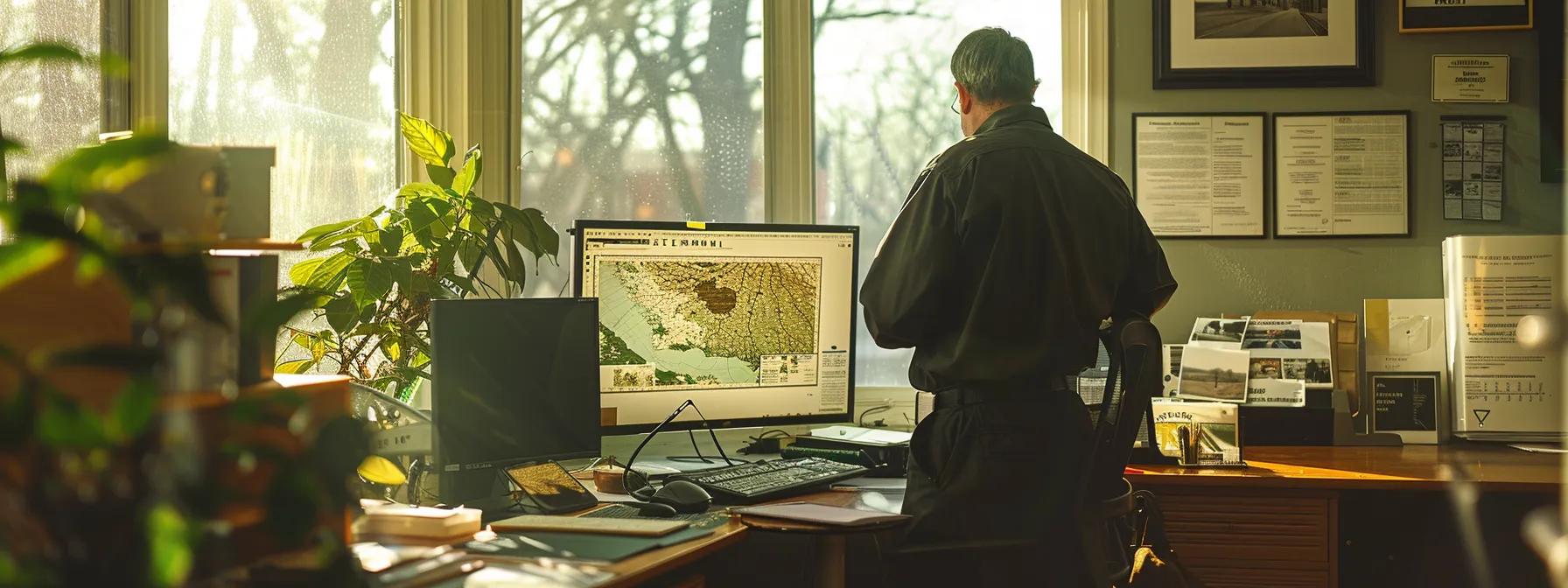 a focused, professional setting in an office where a knowledgeable arborist examines a detailed map of st. cloud’s tree species, surrounded by certifications and local landscape photographs showcasing expertise in tree care.