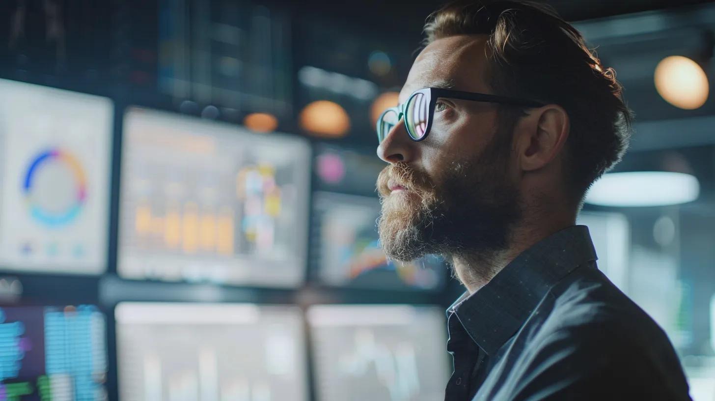 a focused project manager stands in a modern office, surrounded by digital screens displaying charts and timelines, exuding confidence while reviewing a detailed project plan and engaging in a video conference with team members. a focused project manager stands in a modern office, surrounded by digital screens displaying charts and timelines, exuding confidence while reviewing a detailed project plan and engaging in a video conference with team members.