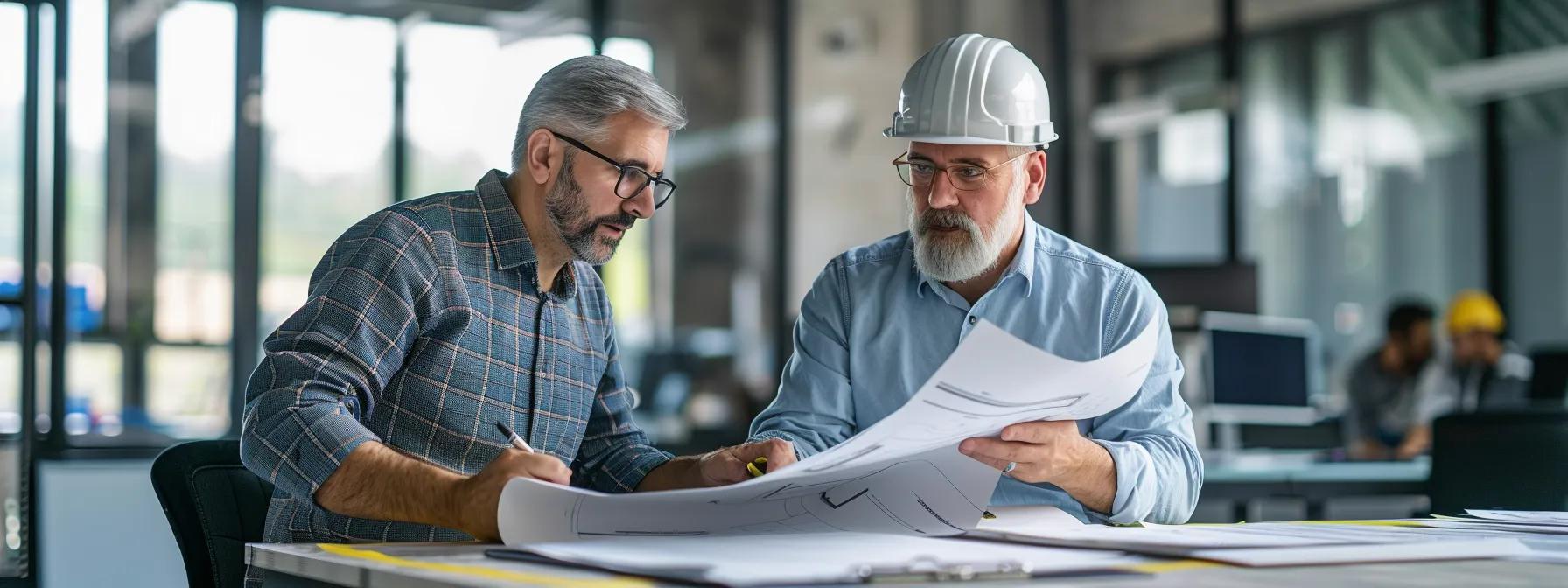 a focused, realistic shot of a professional roofing contractor in a modern office setting, reviewing detailed project plans and discussing quality materials with a client, emphasizing trust and expertise in the selection process. a focused, realistic shot of a professional roofing contractor in a modern office setting, reviewing detailed project plans and discussing quality materials with a client, emphasizing trust and expertise in the selection process.