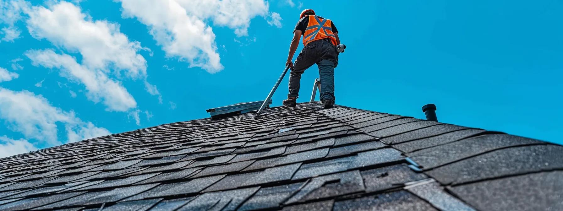 a focused roof inspector, clad in professional attire, examines a home’s roof from a tall ladder against a clear blue sky, surrounded by tools and roofing materials to illustrate the importance of choosing a qualified professional. a focused roof inspector, clad in professional attire, examines a home’s roof from a tall ladder against a clear blue sky, surrounded by tools and roofing materials to illustrate the importance of choosing a qualified professional.