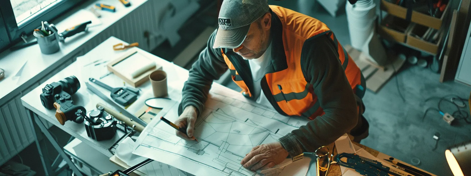 a focused roofing contractor, clad in protective gear, meticulously reviews a project management blueprint on a sleek office desk, surrounded by tools and materials, highlighting the strategic coordination and planning essential for high-quality roofing installations. a focused roofing contractor, clad in protective gear, meticulously reviews a project management blueprint on a sleek office desk, surrounded by tools and materials, highlighting the strategic coordination and planning essential for high-quality roofing installations.