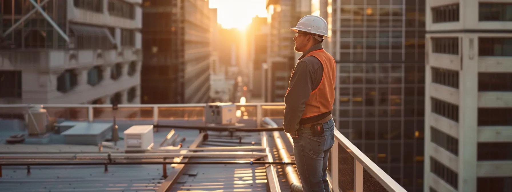 a focused roofing professional inspecting the exterior of a commercial building, with a clear view of both the roof and surrounding structures in a well-lit urban setting, emphasizing a thorough evaluation process. a focused roofing professional inspecting the exterior of a commercial building, with a clear view of both the roof and surrounding structures in a well-lit urban setting, emphasizing a thorough evaluation process.