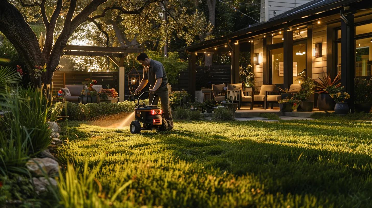 a focused scene in a modern urban backyard showcases a professional lawn care technician using a core aerator and spreader, surrounded by neatly arranged tools, as they skillfully prepare the turf for overseeding under bright artificial lighting. a focused scene in a modern urban backyard showcases a professional lawn care technician using a core aerator and spreader, surrounded by neatly arranged tools, as they skillfully prepare the turf for overseeding under bright artificial lighting.