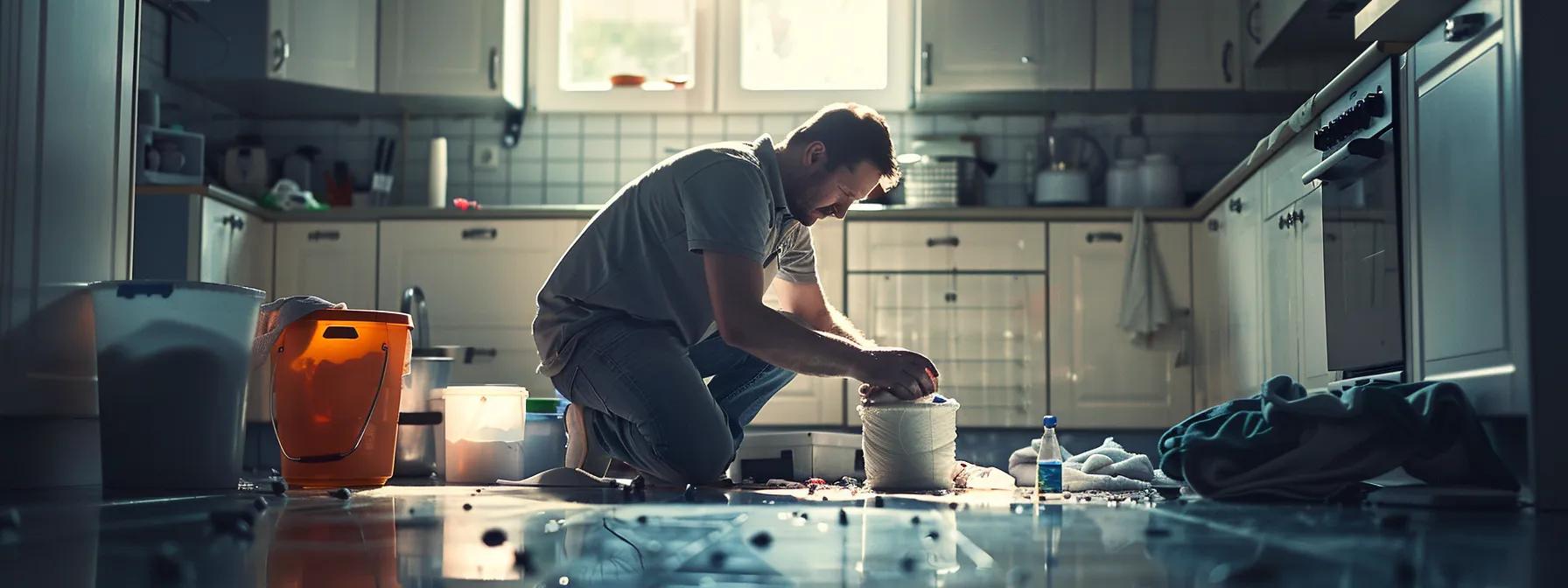 a focused scene in a modern kitchen featuring an emergency plumber working efficiently to seal a leaking pipe with duct tape, surrounded by buckets collecting water and towels placed strategically to absorb excess moisture, highlighting the urgency of temporary plumbing fixes. a focused scene in a modern kitchen featuring an emergency plumber working efficiently to seal a leaking pipe with duct tape, surrounded by buckets collecting water and towels placed strategically to absorb excess moisture, highlighting the urgency of temporary plumbing fixes.