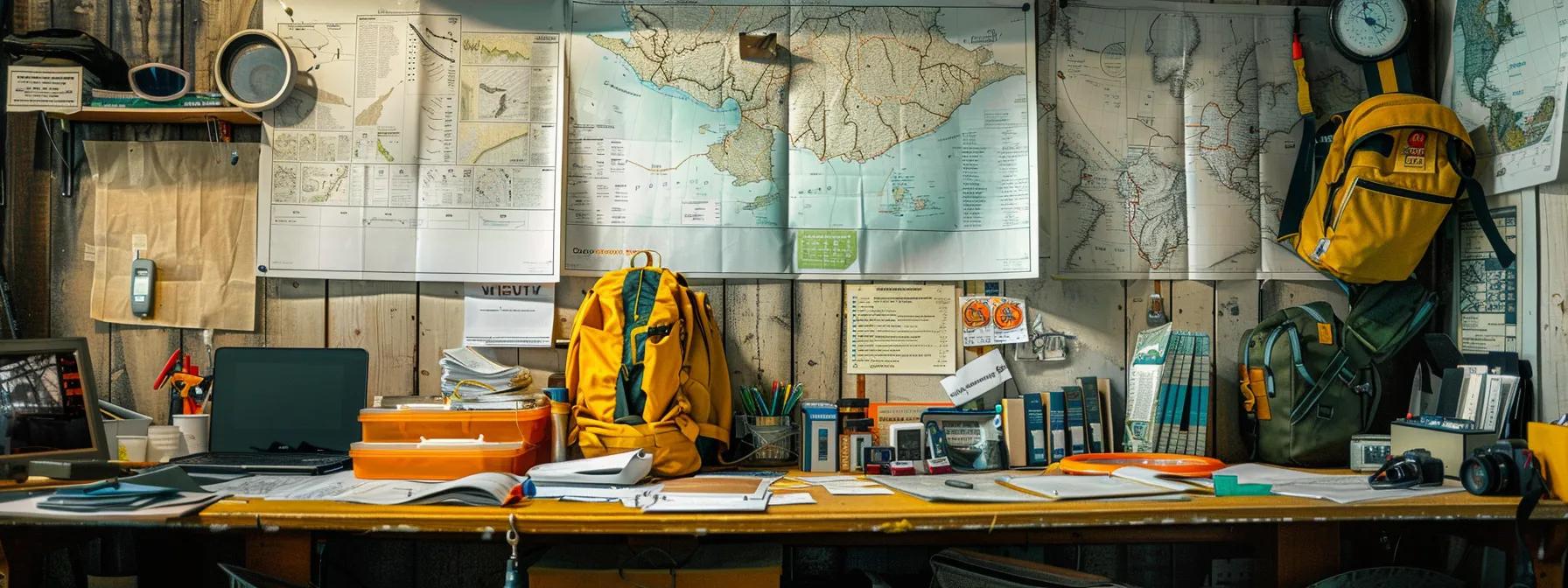 a focused shot captures a well-organized office workspace adorned with safety gear, maps, and checklists, emphasizing meticulous preparation for a river tubing adventure.