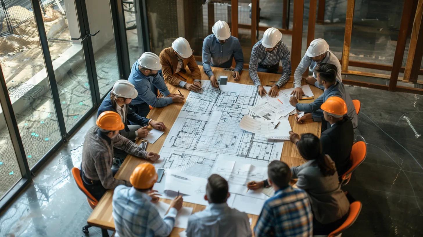 a focused shot of a diverse group of construction professionals engaged in a lively discussion around a large conference table in a modern urban office, with blueprints and regulatory documents spread out, illustrating the complexities of tennessee construction licensing and federal regulations.
