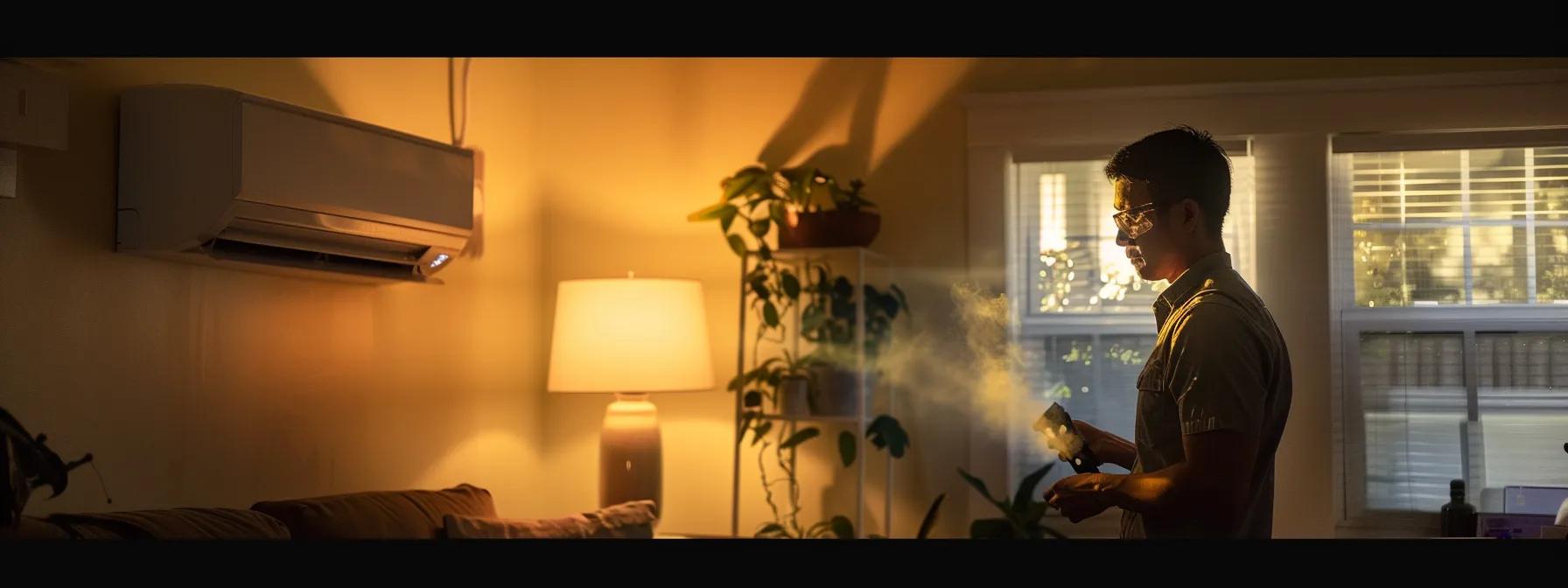 a focused shot of a modern, well-lit home interior with an hvac technician examining an air conditioning unit, capturing the tension of a homeowner’s concern as they observe signs of malfunction like unusual condensation and faint smoke.
