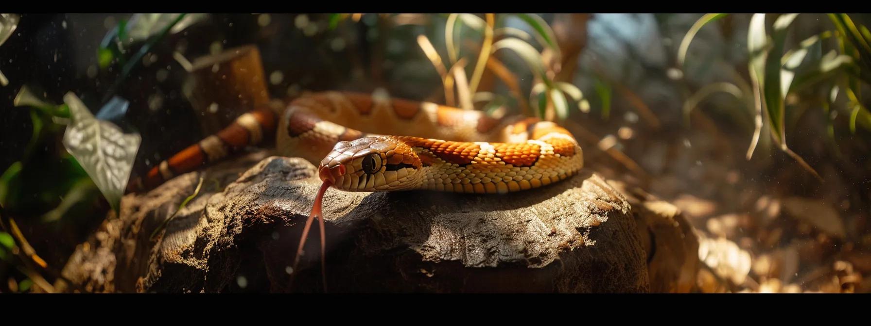a focused shot of a tranquil indoor reptile habitat, featuring a corn snake poised before a feeding area, illuminated by soft overhead lighting to emphasize the delicate balance of care in handling while feeding. a focused shot of a tranquil indoor reptile habitat, featuring a corn snake poised before a feeding area, illuminated by soft overhead lighting to emphasize the delicate balance of care in handling while feeding.