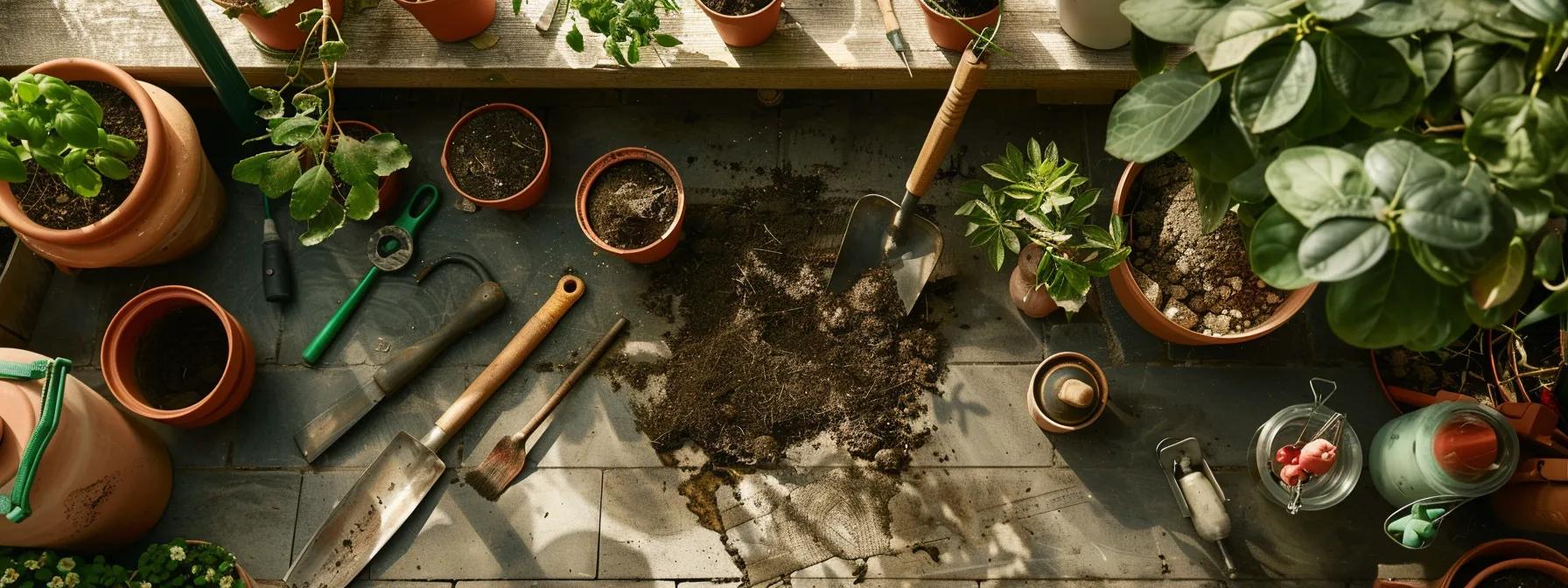 a focused shot of a well-organized urban gardening workspace, featuring neatly arranged tools and soil amendments next to a freshly dug planting hole, highlighting the meticulous preparation required for the optimal installation of a prairie fire crabapple tree. a focused shot of a well-organized urban gardening workspace, featuring neatly arranged tools and soil amendments next to a freshly dug planting hole, highlighting the meticulous preparation required for the optimal installation of a prairie fire crabapple tree.