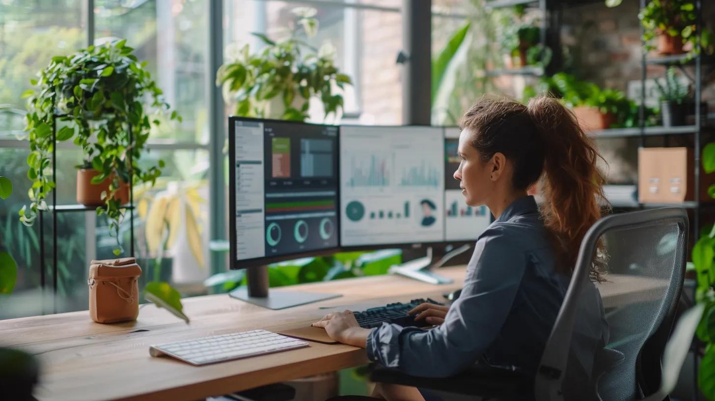 a focused small business owner sits at a modern office desk with dual monitors displaying website analytics, while a professional support agent appears on a video call, conveying reassurance and expert guidance in a sleek, tech-driven workspace.