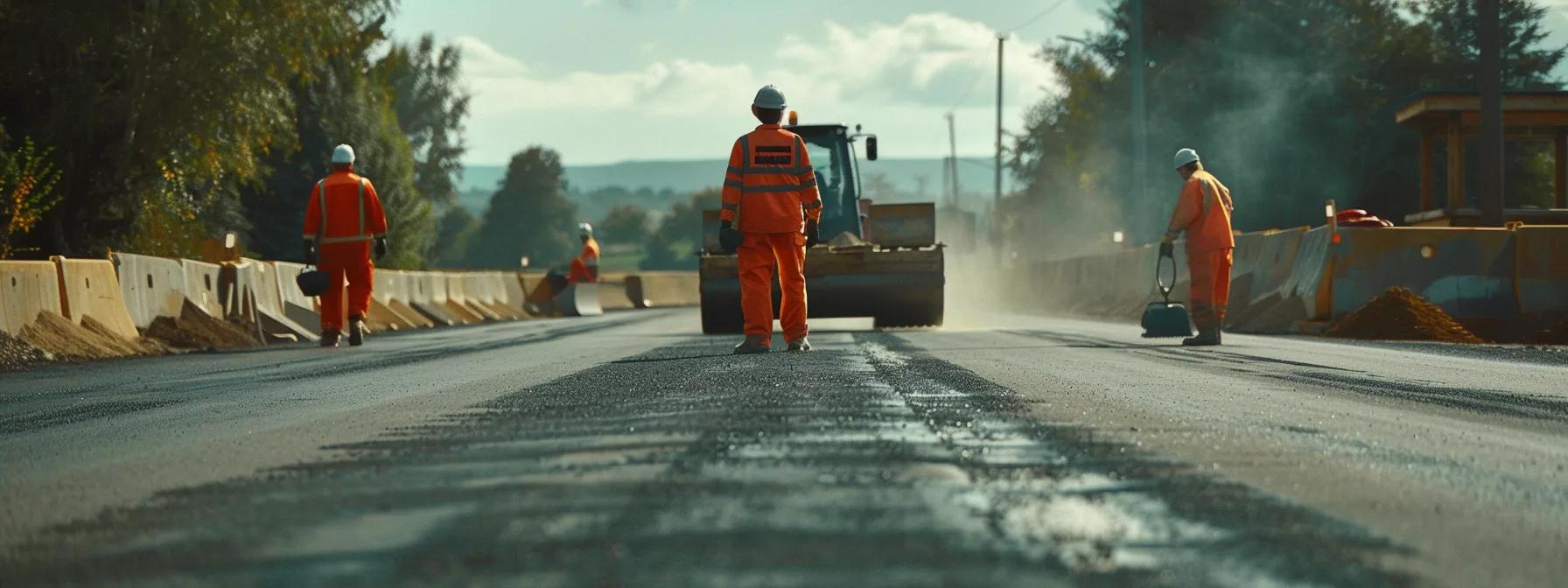 focused team members in orange safety gear working together efficiently on a smooth asphalt surface, with a heavy roller machine in the background. focused team members in orange safety gear working together efficiently on a smooth asphalt surface, with a heavy roller machine in the background.