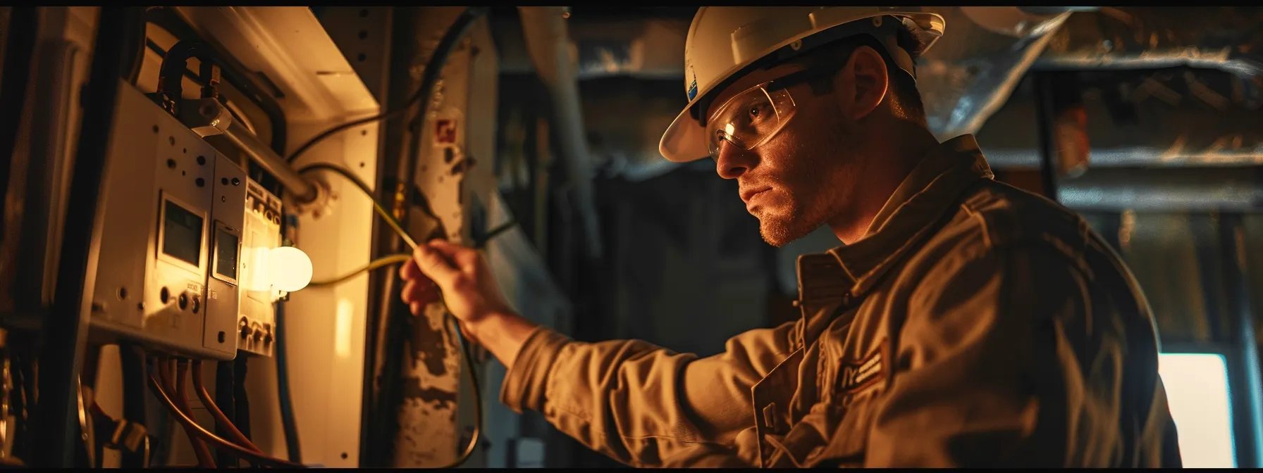 a focused technician flipping a circuit breaker in a dimly lit furnace room. a focused technician flipping a circuit breaker in a dimly lit furnace room.