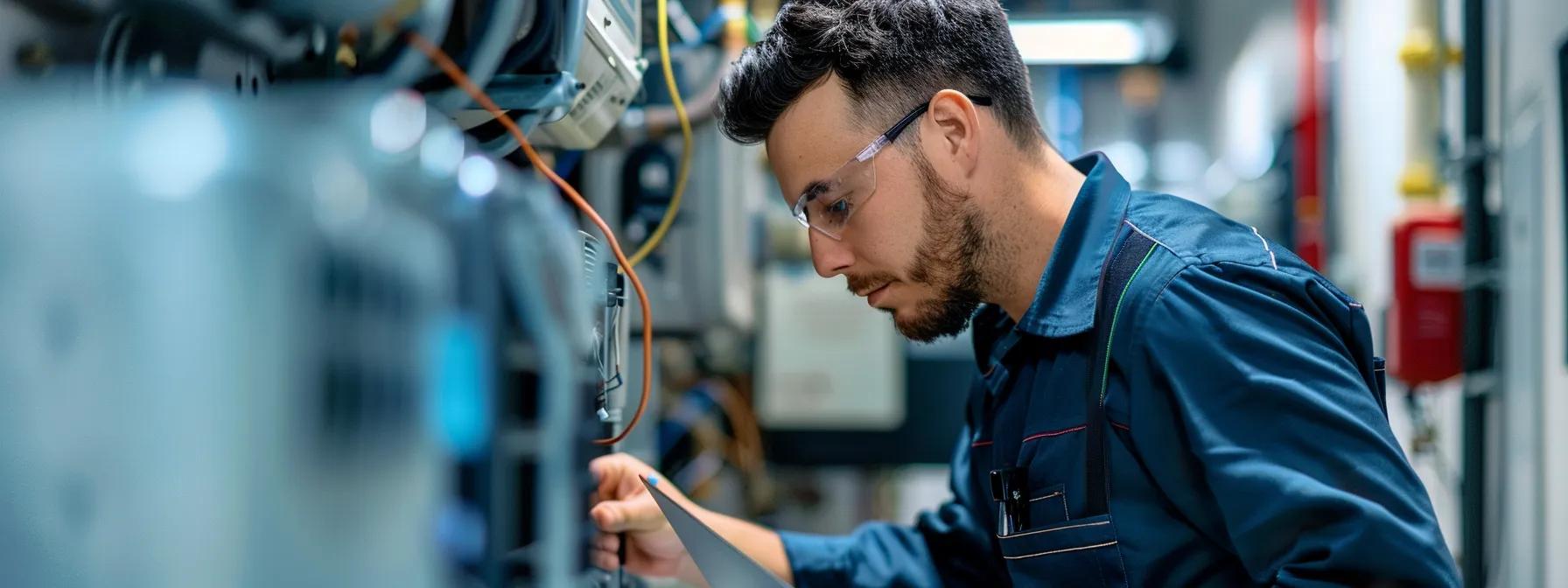 a focused technician in a sleek, modern office setting meticulously inspects an air conditioning unit with advanced diagnostic tools, surrounded by technical diagrams and equipment, conveying a sense of precision and expertise in hvac repair.