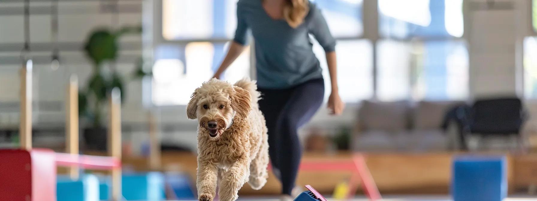 a focused trainer in a modern indoor dog training facility guides a lively golden doodle through an agility course, capturing the dog's progress and enthusiasm in a dynamic, candid moment.