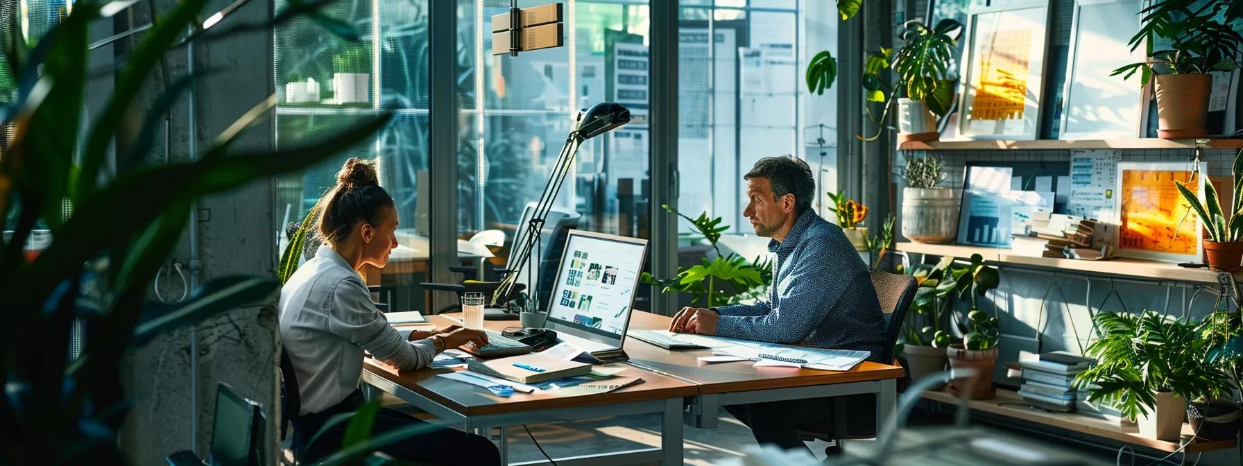 a focused urban office environment showcases a professional consultant discussing solar installation permits with a client, surrounded by detailed architectural plans and a digital tablet displaying relevant data, highlighting the theme of secure project approvals.