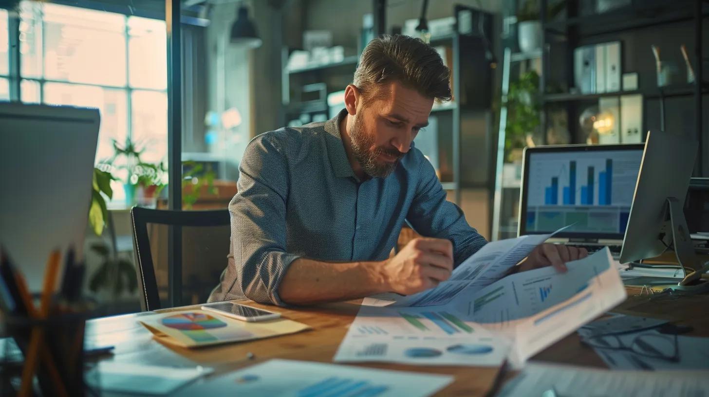 a focused urban office scene showcases a professional contractor reviewing documents at a sleek desk, surrounded by colorful charts and digital devices displaying knoxville contractor license renewal fees and deadlines.