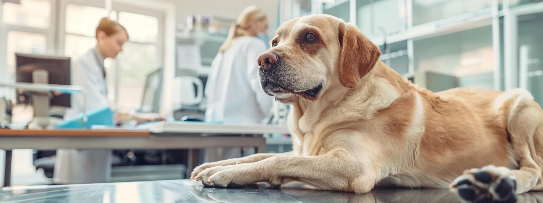 a focused veterinarian examines a dog in a modern clinic, surrounded by diagnostic tools and charts that illustrate the careful process of identifying and treating food allergies in pets. a focused veterinarian examines a dog in a modern clinic, surrounded by diagnostic tools and charts that illustrate the careful process of identifying and treating food allergies in pets.