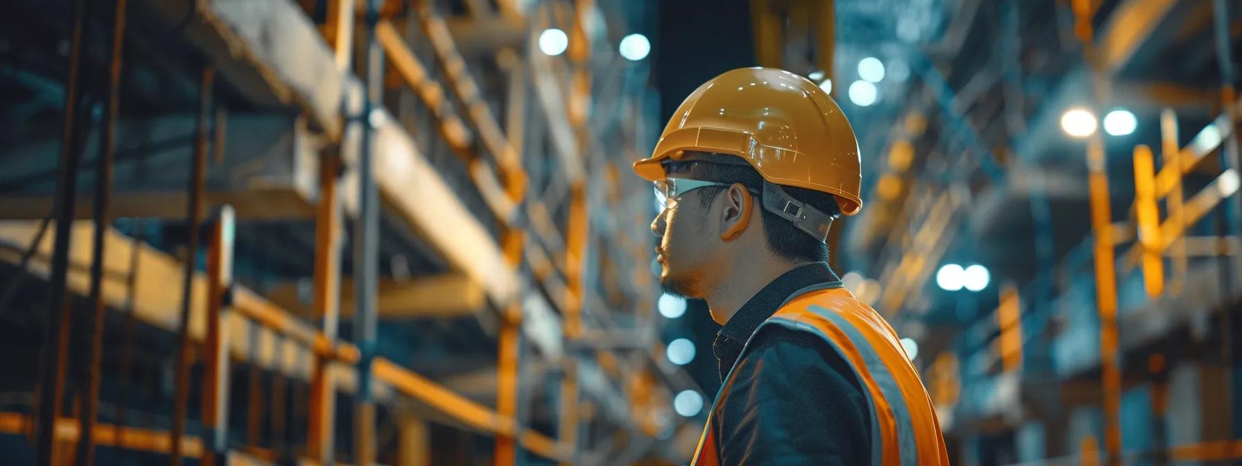 a focused view of a construction professional inspecting a meticulously maintained retaining wall in an urban environment, showcasing tools for repair and highlighting essential structural features under bright artificial lighting.
