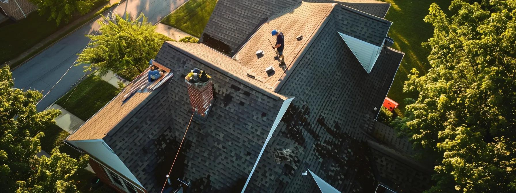 a focused view of a maryland residential home showcasing a professional roofing contractor meticulously inspecting materials on a neatly arranged worksite, emphasizing the systematic process of roof replacement and repair. a focused view of a maryland residential home showcasing a professional roofing contractor meticulously inspecting materials on a neatly arranged worksite, emphasizing the systematic process of roof replacement and repair.