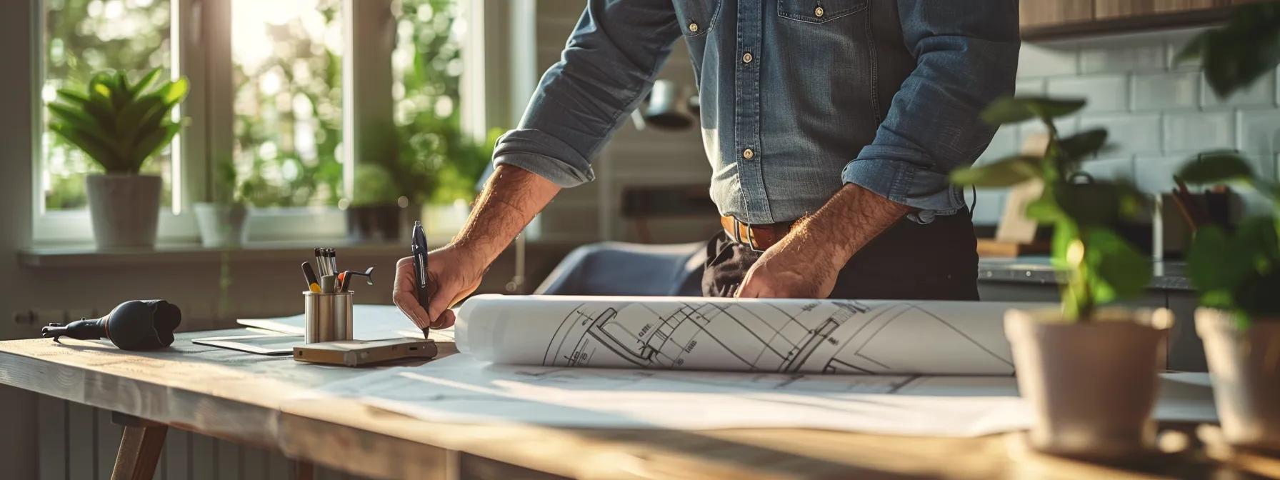 a focused view of a modern, well-lit home maintenance office showcasing a plumber examining a detailed blueprint of a residential plumbing system, surrounded by essential tools and equipment, symbolizing the intricate challenges of plumbing issues in kenwood, il homes.