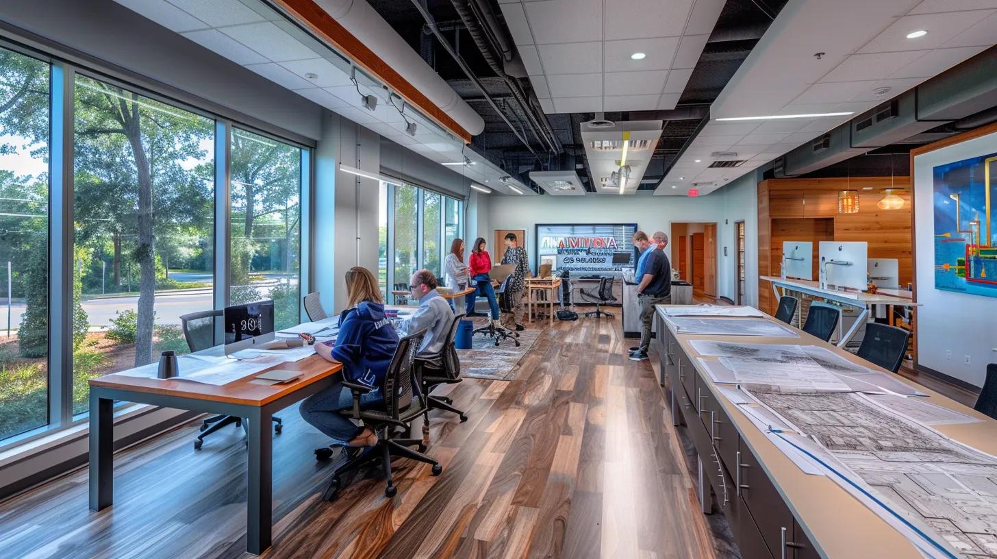 a focused view of a modern construction office bustling with professionals examining blueprints and digital plans, highlighted by sleek design elements and vibrant color accents, emphasizing the intricate collaboration involved in navigating costs and permitting processes for knoxville construction projects.