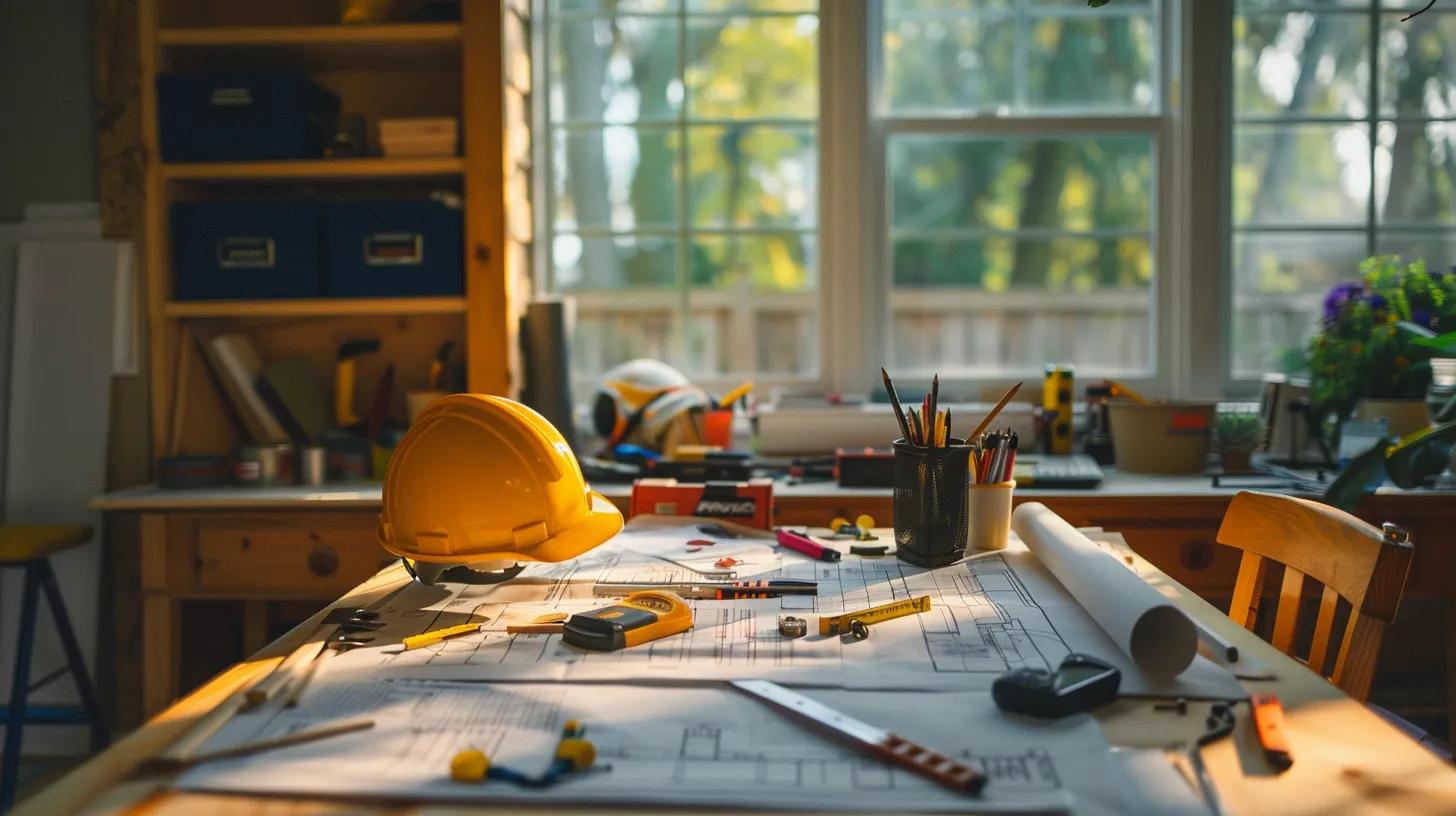 a focused view of a partially renovated home interior, showcasing a contractor examining structural issues with caution, alongside safety equipment and plans spread out on a stylishly cluttered desk, illuminated by bright, artificial light to emphasize the careful planning and risk assessment involved in home renovations. a focused view of a partially renovated home interior, showcasing a contractor examining structural issues with caution, alongside safety equipment and plans spread out on a stylishly cluttered desk, illuminated by bright, artificial light to emphasize the careful planning and risk assessment involved in home renovations.