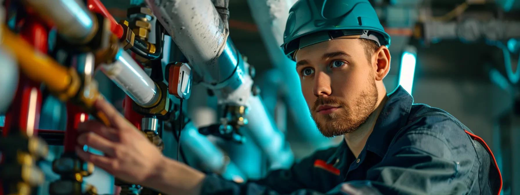 a focused view of a professional technician inspecting a modern boiler in a well-organised urban workshop, showcasing tools and equipment that emphasise expertise and reliability in boiler repairs. a focused view of a professional technician inspecting a modern boiler in a well-organised urban workshop, showcasing tools and equipment that emphasise expertise and reliability in boiler repairs.