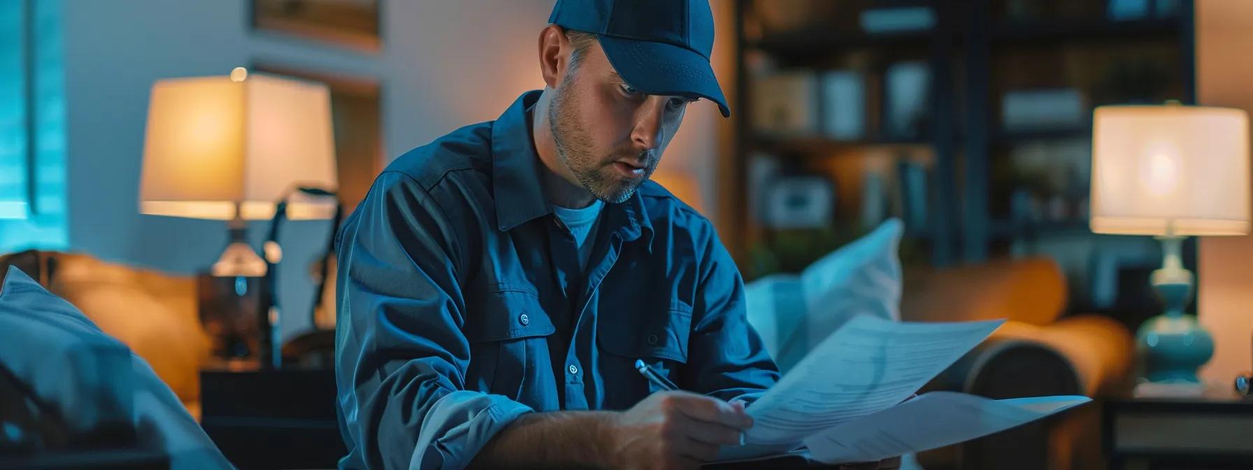 a focused, well-lit office setting shows a professional pest control technician examining a home inspection report, while subtle hints of rodent and bedbug evidence like droppings and mattress seams are visible in the background, underscoring the importance of timely pest management. a focused, well-lit office setting shows a professional pest control technician examining a home inspection report, while subtle hints of rodent and bedbug evidence like droppings and mattress seams are visible in the background, underscoring the importance of timely pest management.