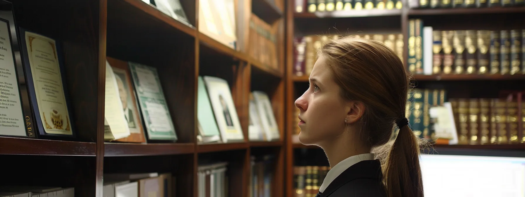 a focused woman carefully examines a wall covered with framed credentials and legal certificates, surrounded by shelves of law books and a computer displaying positive client testimonials. a focused woman carefully examines a wall covered with framed credentials and legal certificates, surrounded by shelves of law books and a computer displaying positive client testimonials.