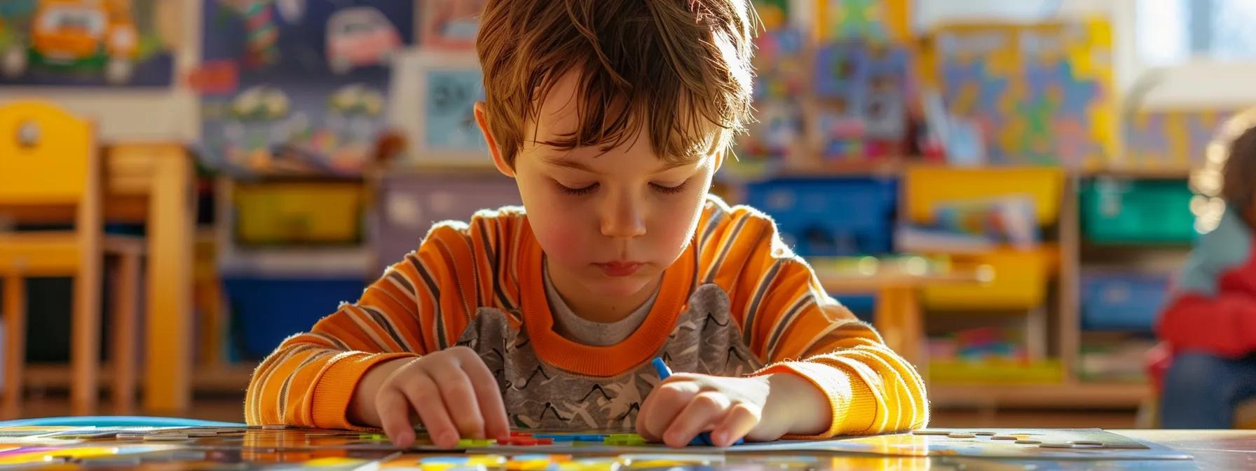 a focused young child is intently working on a colorful puzzle in a brightly lit classroom, surrounded by educational materials that foster cognitive development and problem-solving skills. a focused young child is intently working on a colorful puzzle in a brightly lit classroom, surrounded by educational materials that foster cognitive development and problem-solving skills.