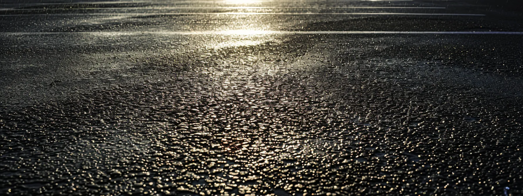 a freshly sealed asphalt parking lot glistening in the sunlight, showcasing a smooth and protected surface ready to withstand stains and water damage. a freshly sealed asphalt parking lot glistening in the sunlight, showcasing a smooth and protected surface ready to withstand stains and water damage.