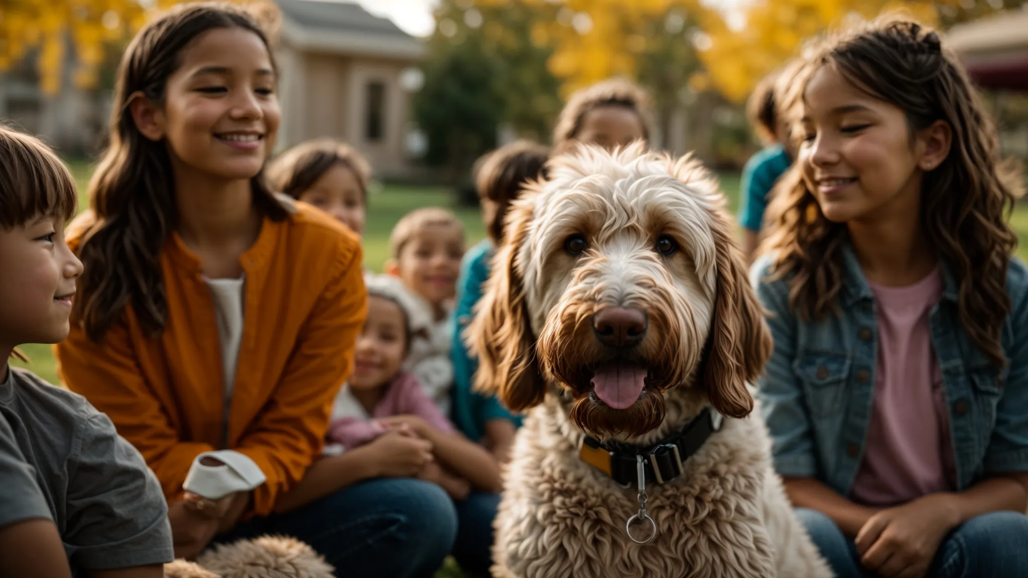 a friendly goldendoodle interacts warmly with a group of children in a bright, welcoming park, showcasing its calm demeanor and adaptability while embodying the essence of a therapy dog.