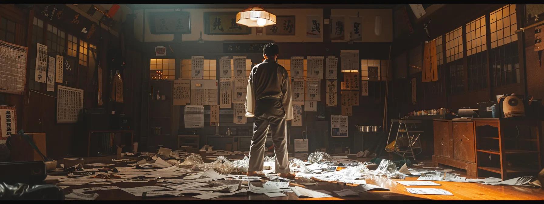 a frustrated martial arts instructor stands in a dimly lit dojo, surrounded by scattered, neglected class schedule flyers, conveying the chaos and disconnect caused by ineffective communication with members.