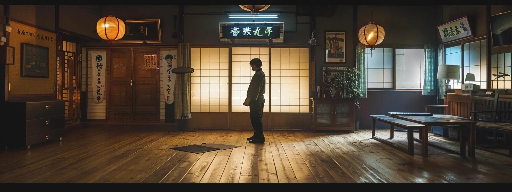 a frustrated newcomer stands alone in a dimly lit martial arts studio, bewildered by unclear instructions and an empty reception area, highlighting the challenges of a poorly executed onboarding experience.