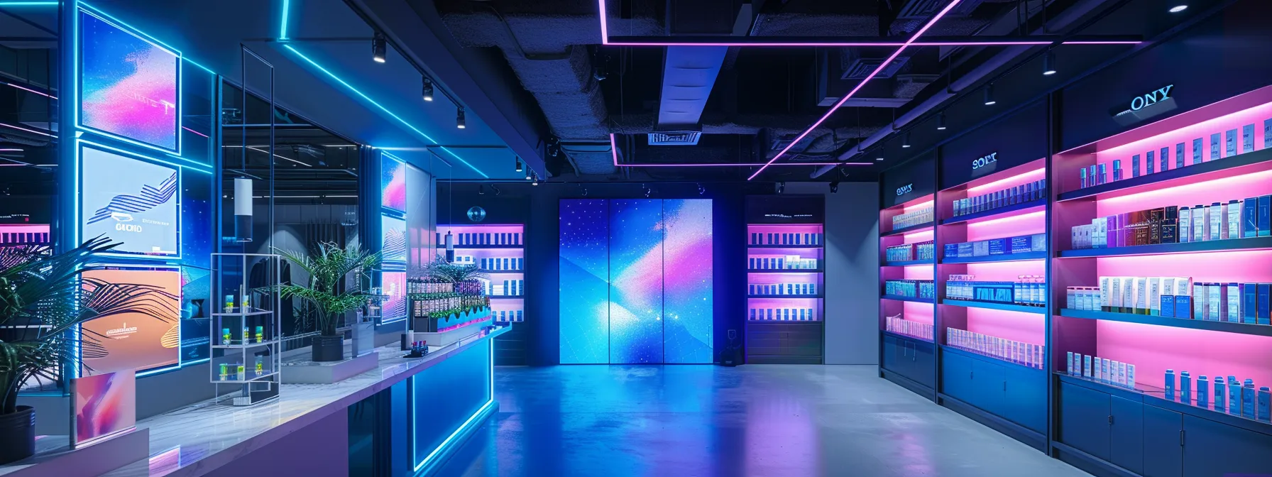 a futuristic, sleek office space with vibrant neon accents features a stylish display of drink anomaly's delta-9 thc variety pack, emphasizing a modern approach to cannabis consumption against a backdrop of digital screens illustrating the compound's unique effects. a futuristic, sleek office space with vibrant neon accents features a stylish display of drink anomaly's delta-9 thc variety pack, emphasizing a modern approach to cannabis consumption against a backdrop of digital screens illustrating the compound's unique effects.