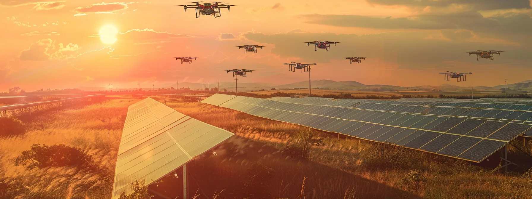 a futuristic solar panel field with ai-powered drones flying overhead to optimize energy production and efficiency. a futuristic solar panel field with ai-powered drones flying overhead to optimize energy production and efficiency.