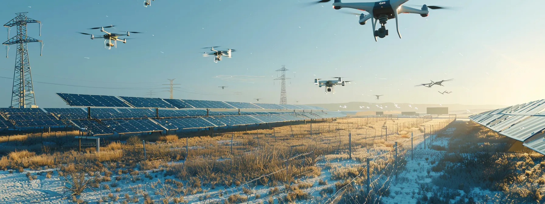 a futuristic solar panel field with ai-powered drones optimizing energy output under a clear blue sky. a futuristic solar panel field with ai-powered drones optimizing energy output under a clear blue sky.